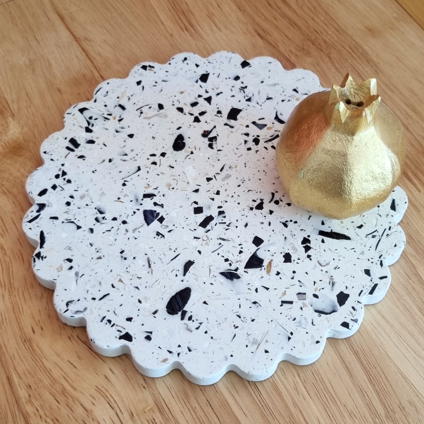 Scalloped Trivet Tray | White Shell & Black Terrazzo